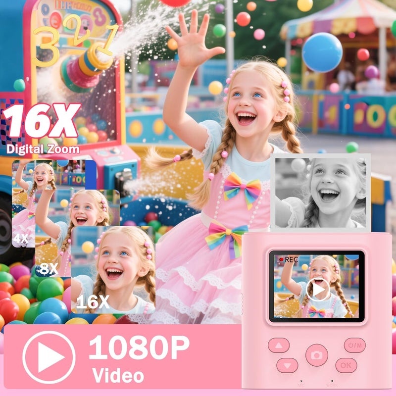 zicor Kids Camera Instant Print for 3-12 Year Olds, HD Digital Instant Print Camera for Boys & Girls, Ideal Christmas Birthday Gift with 32GB SD Card, Easy to Use - Pink - Image 3